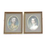 A pair of 19thC watercolour portrait miniatures on celluloid depicting Captain Edward Mark Currie of