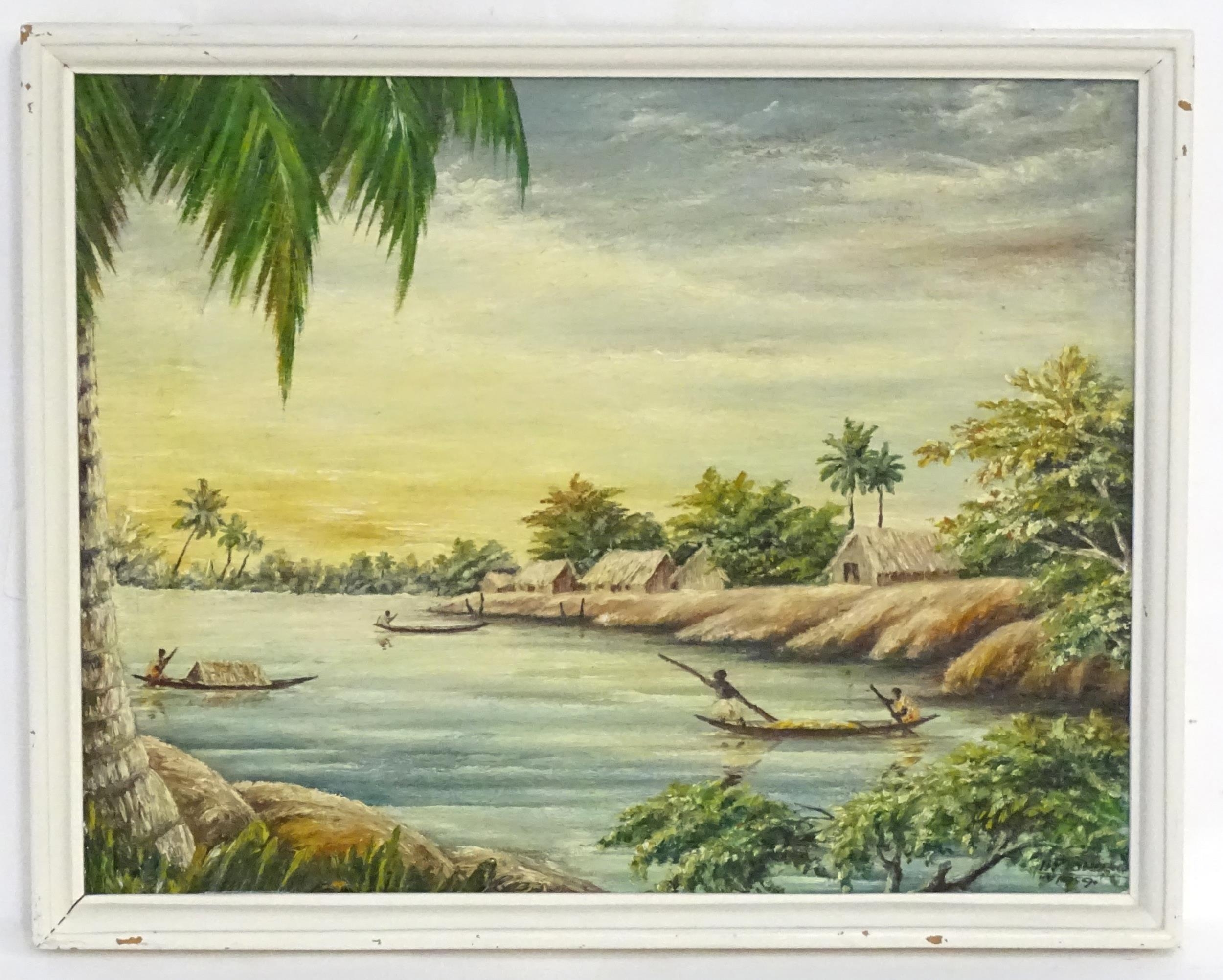 20th century, Oil on board, An African river scene with figures in boats and village beyond. - Image 3 of 4