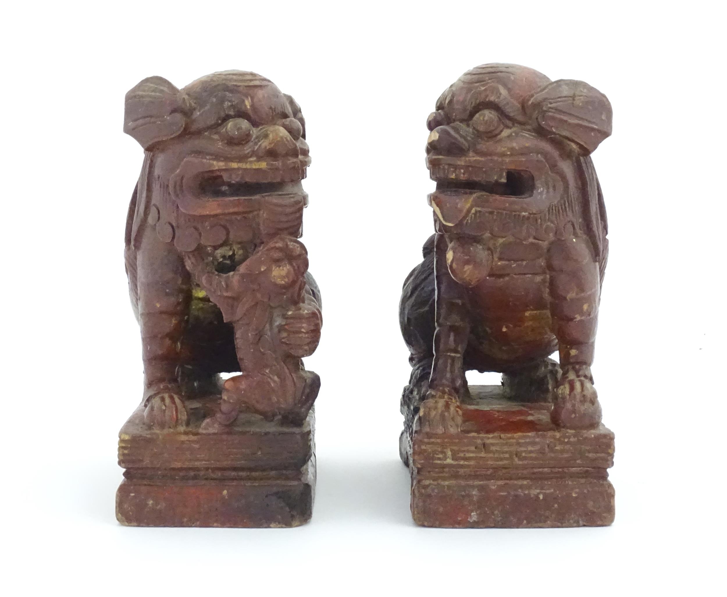 Two Chinese carved wooden foo dogs / guardian lions, one with a cub, the other with a ball, with - Image 4 of 9