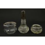 Three items of silver mounted glass ware to include a bowl, salt and scent bottle The tallest Approx