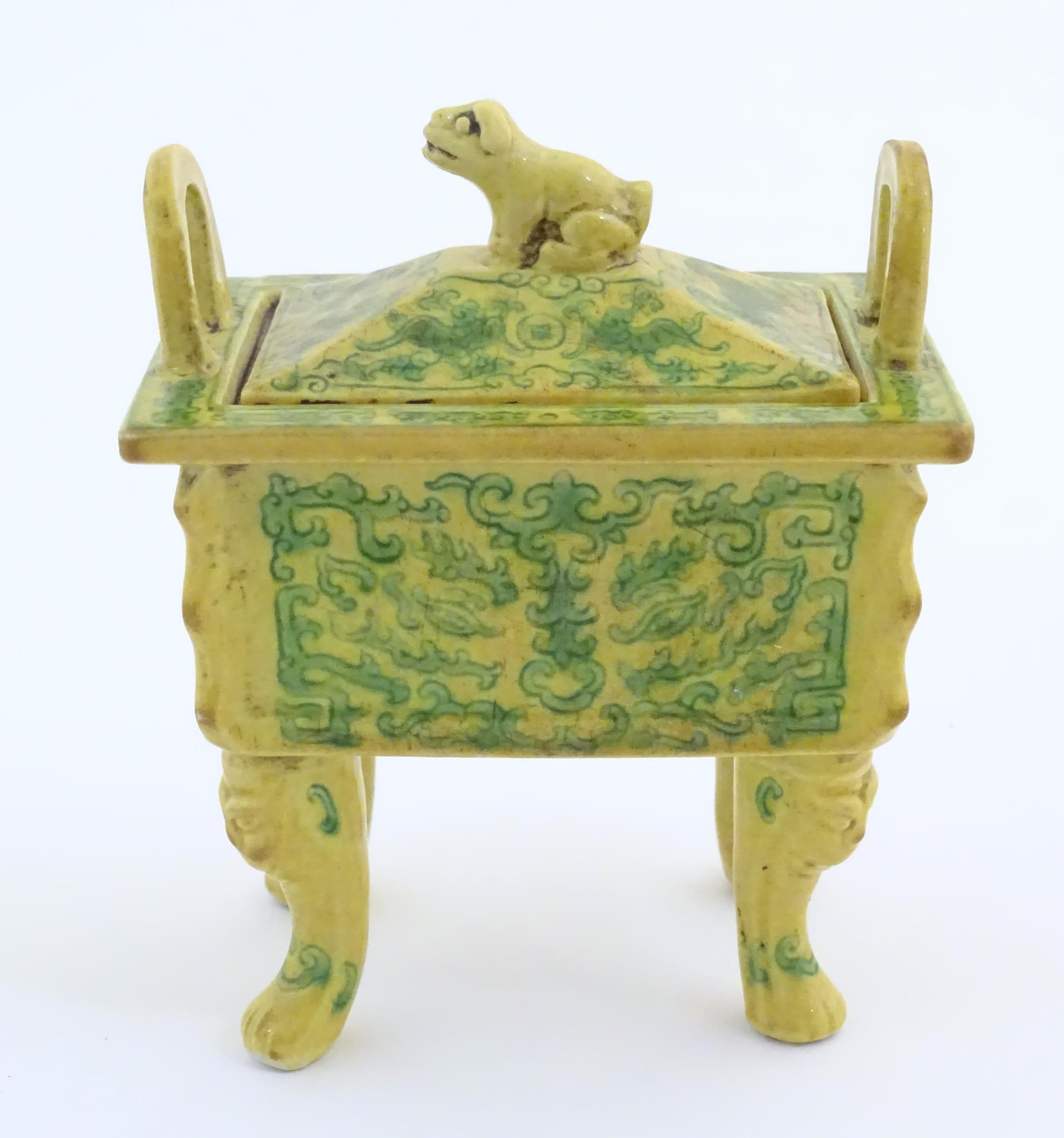 A Chinese rectangular censer with a yellow ground, raised on 4 paw footed legs, with twin upright - Image 3 of 7