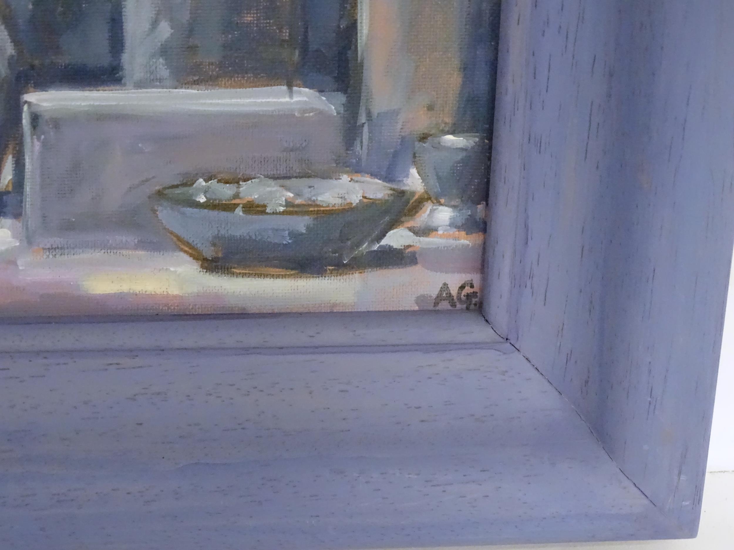 Annette Griffiths, 20th century, Oil on canvas board, Still life study in blue, with flowers, vases, - Image 4 of 4