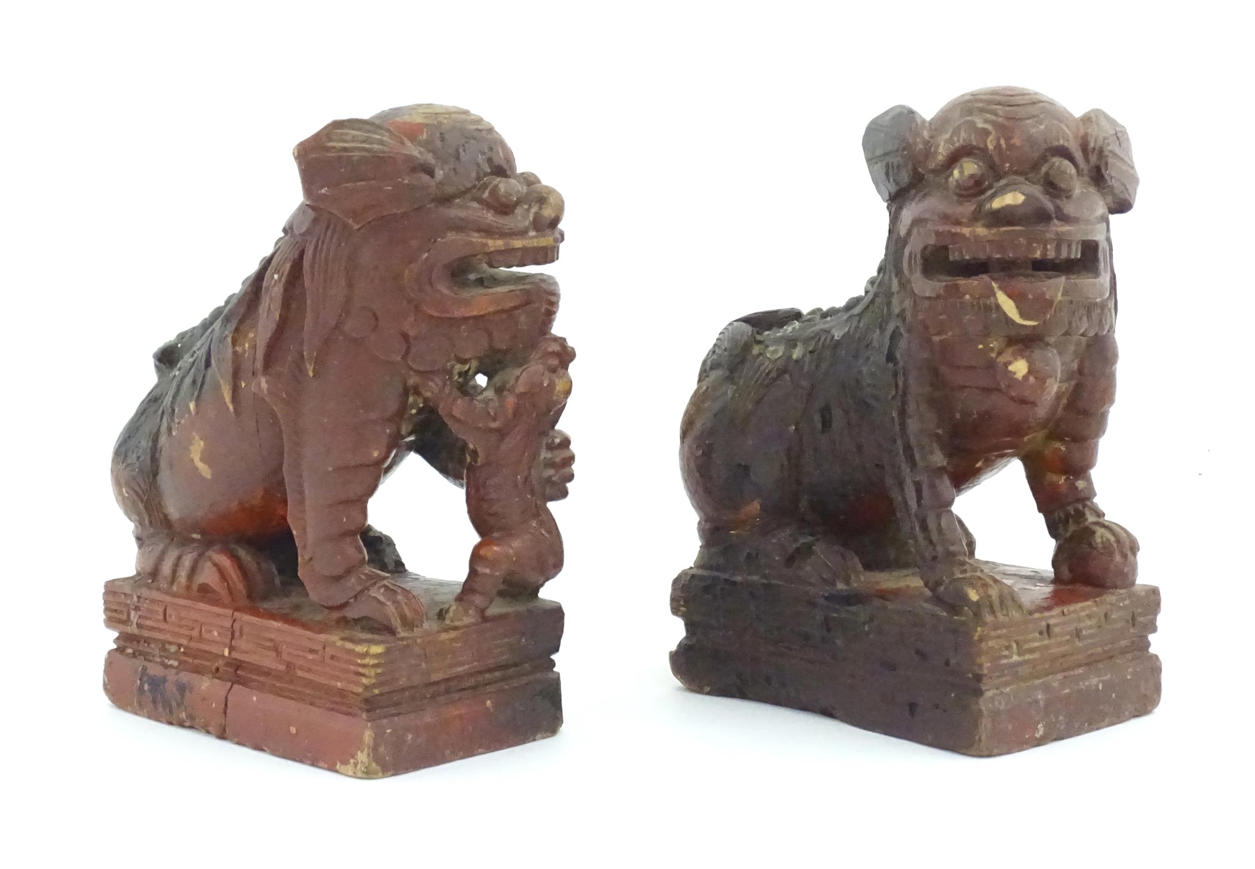 Two Chinese carved wooden foo dogs / guardian lions, one with a cub, the other with a ball, with - Image 5 of 9