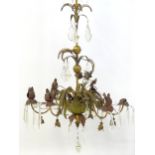 A late 19thC / early 20thC six branch chandelier / electrolier / pendant light with acanthus