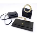 Vintage fashion / clothing: 3 vintage black handbags comprising twin metal ring handled bag