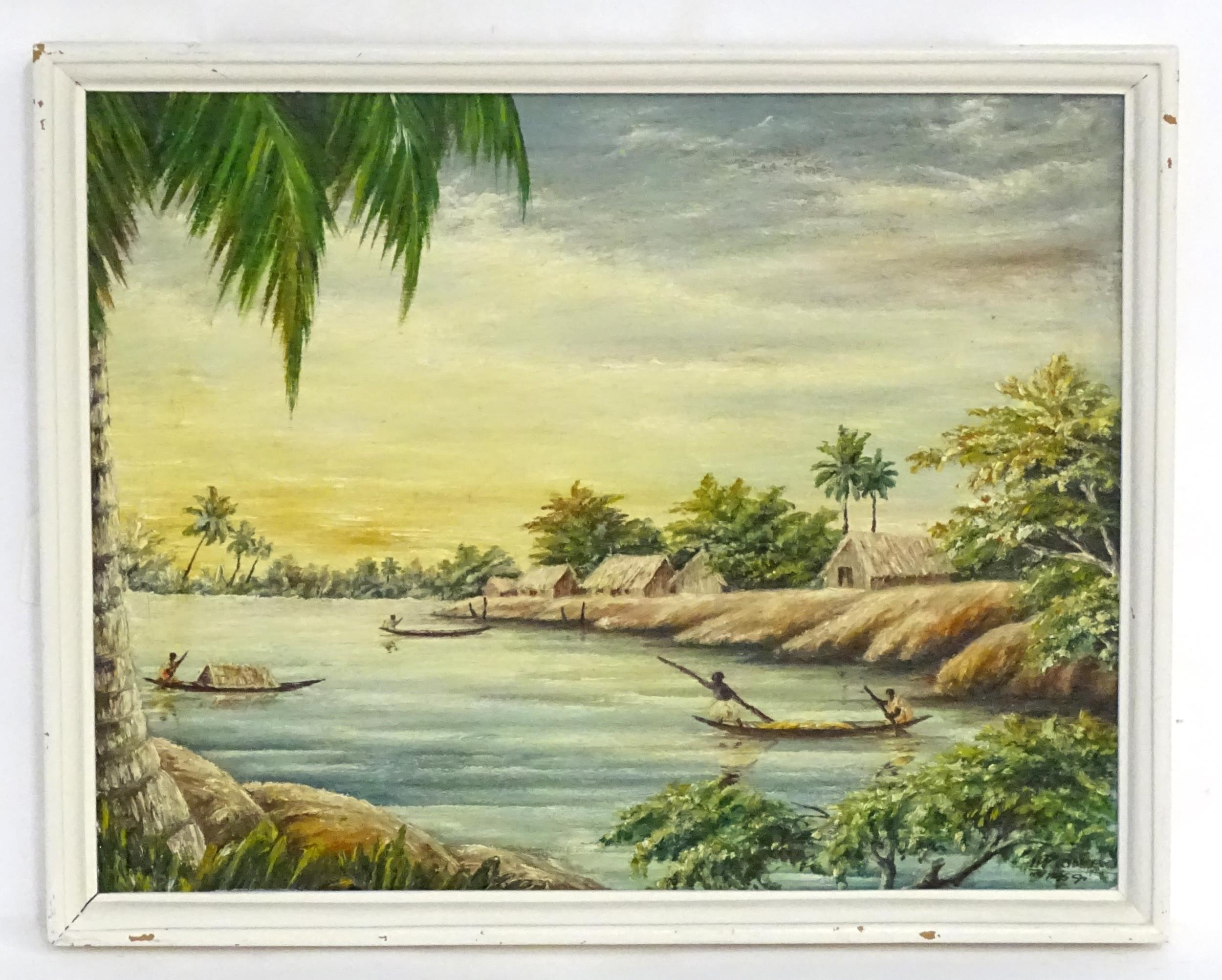 20th century, Oil on board, An African river scene with figures in boats and village beyond.