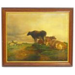 20th century, English School, Oil on canvas, Sheep and cattle at rest. Approx. 15 1/4" x 19 1/2"