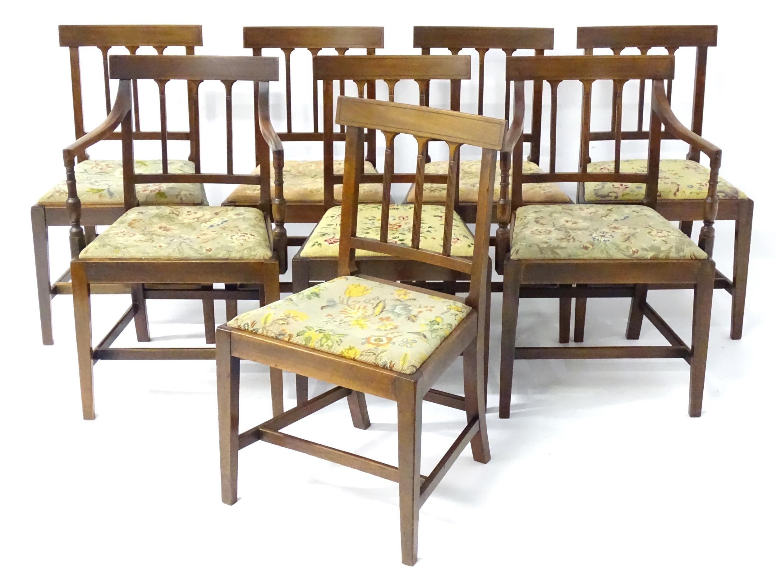 A set of eight Georgian mahogany dining chairs, having inlaid top rails above reeded back splats and - Image 11 of 12