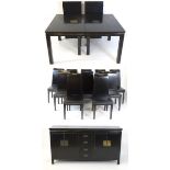 Japanese Dining suite : A black suite with lacquered finish having engraved brass panel