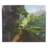 Walter Seavill, 20th century, Oil on board, A wooded canal scene with a gentleman walking on the