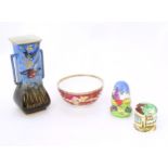 Four items of assorted ceramics to to include a twin handled vase with bird detail, a Spode bowl,