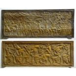 Two tribal carved wooden panels, one depicting a harvest scene with figures. Largest approx. 18" x
