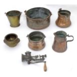 A quantity of assorted of copper and brassware to include pans with swing handles, jug, etc.