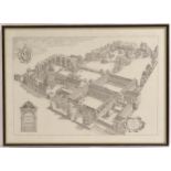 A monochrome print depicting St John's / John the Baptist College, titled to architectural cartouche