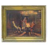 After F M Bennett, Colour print, Huntsmen smoking and drinking by the fire. Facsimile signature