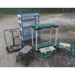 Two garden tool stands, together with a storage rack, two stool/seats and a toolbox containing