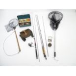 A quantity of assorted fishing items to include rods, landing nets, reels, flies etc. Please
