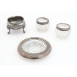 Assorted items to include a silver plate salt, two cut glass salts with silver rims and a glass