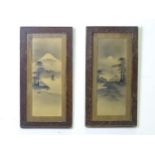 Two Oriental landscape paintings, one with a view of Mount Fuji, sailing boats, etc. Approx. 11 1/2"