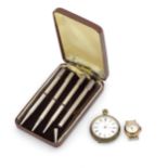 Cased silver bridge pencils. Together with a fob watch and a wristwatch movement by Cartel Please