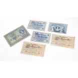 Early 20thC German Reichsbank bank notes, comprising two 1000 Mark notes dated 1911 and three 100