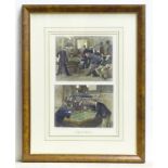 A hand coloured engraving titled Difficult Moments, depicting figures playing snooker / billiards.