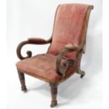 A 19thc open armchair with scroll backrest, fluted frame and scrolled arms, on squared tapering