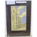 A 20thC watercolour depicting a French church, possibly Larchant by Douglas Ion Smart. Signed