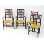 A group of four (2+2) 19thC spindle back chairs with envelope rush seats. 23" wide x 19" deep x