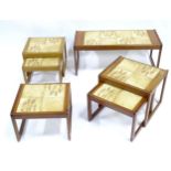 A quantity of retro teak tile topped coffee tables & nests of tables with wheat design, by Sunelm