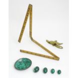 Assorted miscellaneous items to include malachite eggs and pin dish, novelty desk / paper clip