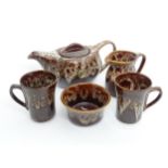 Cornish studio pottery tea wares by Kernewek Pottery, comprising teapot, milk jug, sugar bowl and