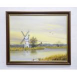Vivienne Bloxam, 20th century, Oil on canvas board, Windmill in the Norfolk Broads. Signed lower