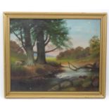 Late 19th / early 20th century, Oil on canvas, An English river landscape scene with a man fishing