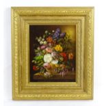 20th century, Oil on board, A still life study with flowers in bloom on a table. Signed with