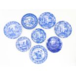 Eight assorted blue and white plates, patterns to include Willow, Castle, Italian, India, Bridge