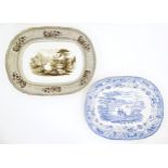 A Victorian blue and white meat plate decorated in the Eton College pattern. Together with a brown