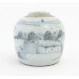 A Chinese blue and white vase / jar with brushwork decoration depicting a landscape scene. Marked