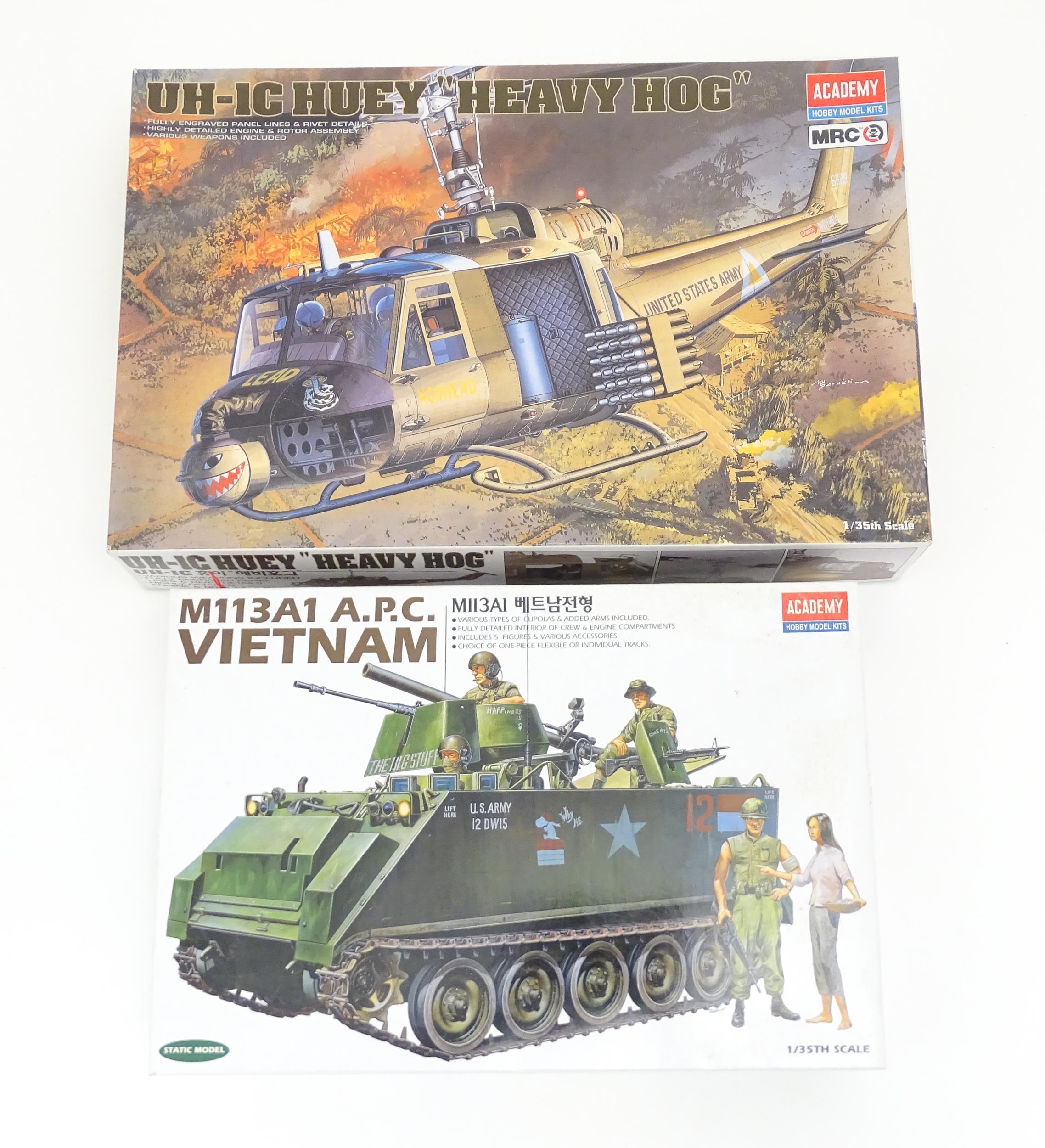 Toys: Two Academy Hobby Model / scale model kits comprising UH-IC Huey Heavy Hog helicopter, and