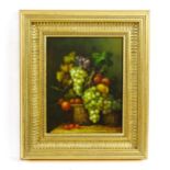 F. Scott, 20th century, Oil on board, A still life study with fruit in woven baskets. Signed lower