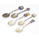 5 assorted silver souvenir tea spoons with enamel decoration to handles for various Scottish