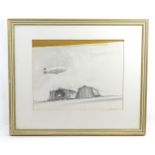 Stanley Orchart (1920-2005), Pencil drawing, A view of Goodyear airship over the hangar at RAF