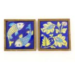 Two Continental tiles with a cobalt blue ground, one decorated with two fish, the other with foliate