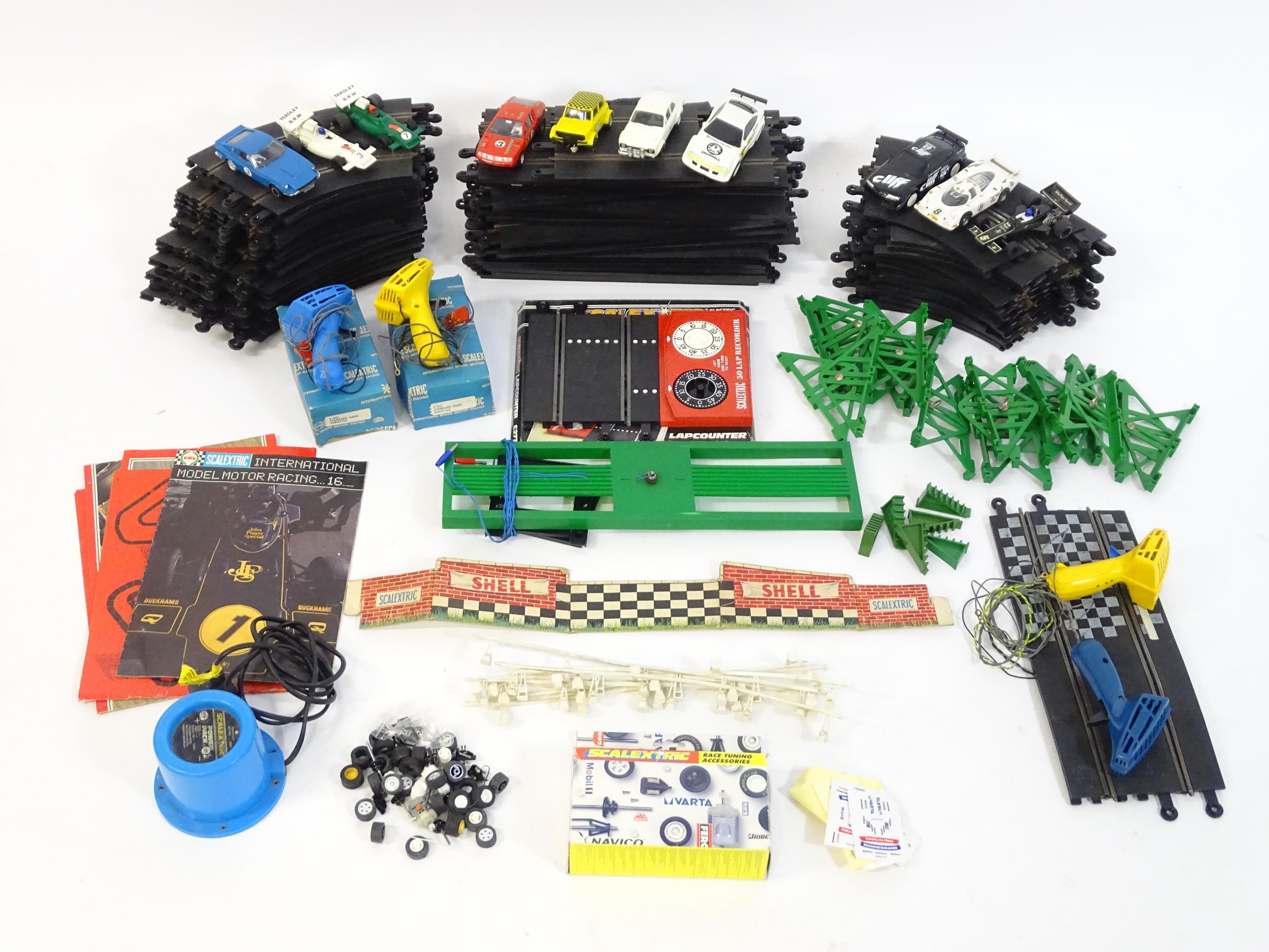 Toys : Vintage Scalextrix race track, cars , power pack, accessories etc. Ten cars to include