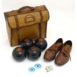 Lawn Bowls Interest: Four 20thC lawn bowls, a pair of lawn bowls shoes and a Terry Bowls Measure.