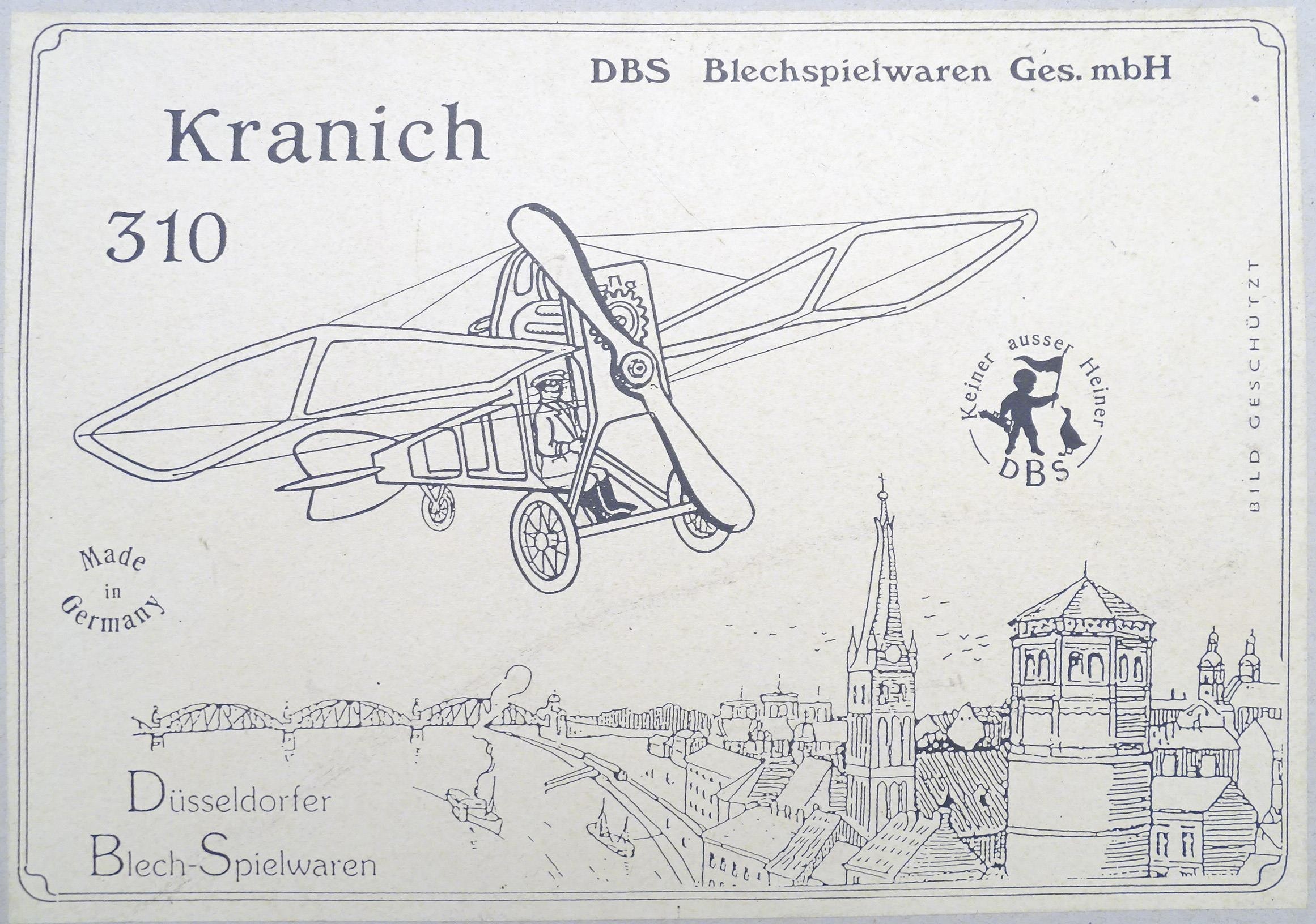 Toy: A 20thC German tinplate clockwork monoplane / aeroplane, Kranich 310. Made by Dusseldorfer - Bild 6 aus 11