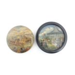 Two Prattware pot lids comprising Derby Day Horse Racing, and Wimbledon July 1860. Approx. 4 1/4"