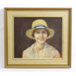 20th century, Oil on canvas board, A portrait of a girl wearing a straw hat. Approx. 11 1/4" x 13"