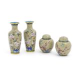 Four items of 20thC Chinese cloisonne ware to include a pair of vases and a pair of ginger jars, the
