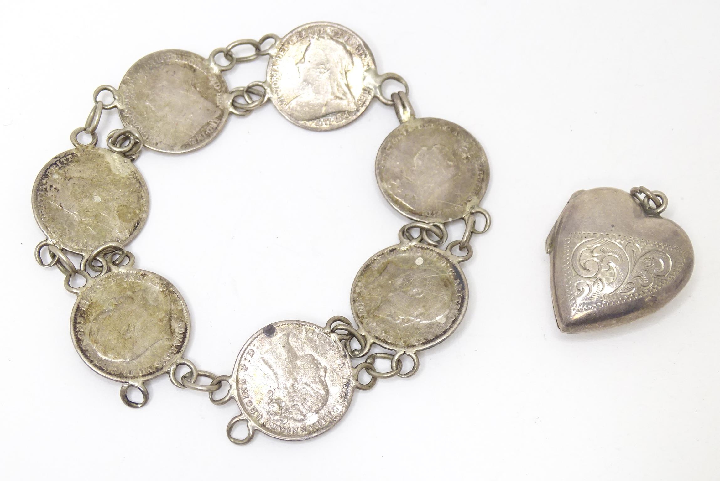 A silver and white metal bracelet set with Victorian and later 3 pence coins. Together with a silver